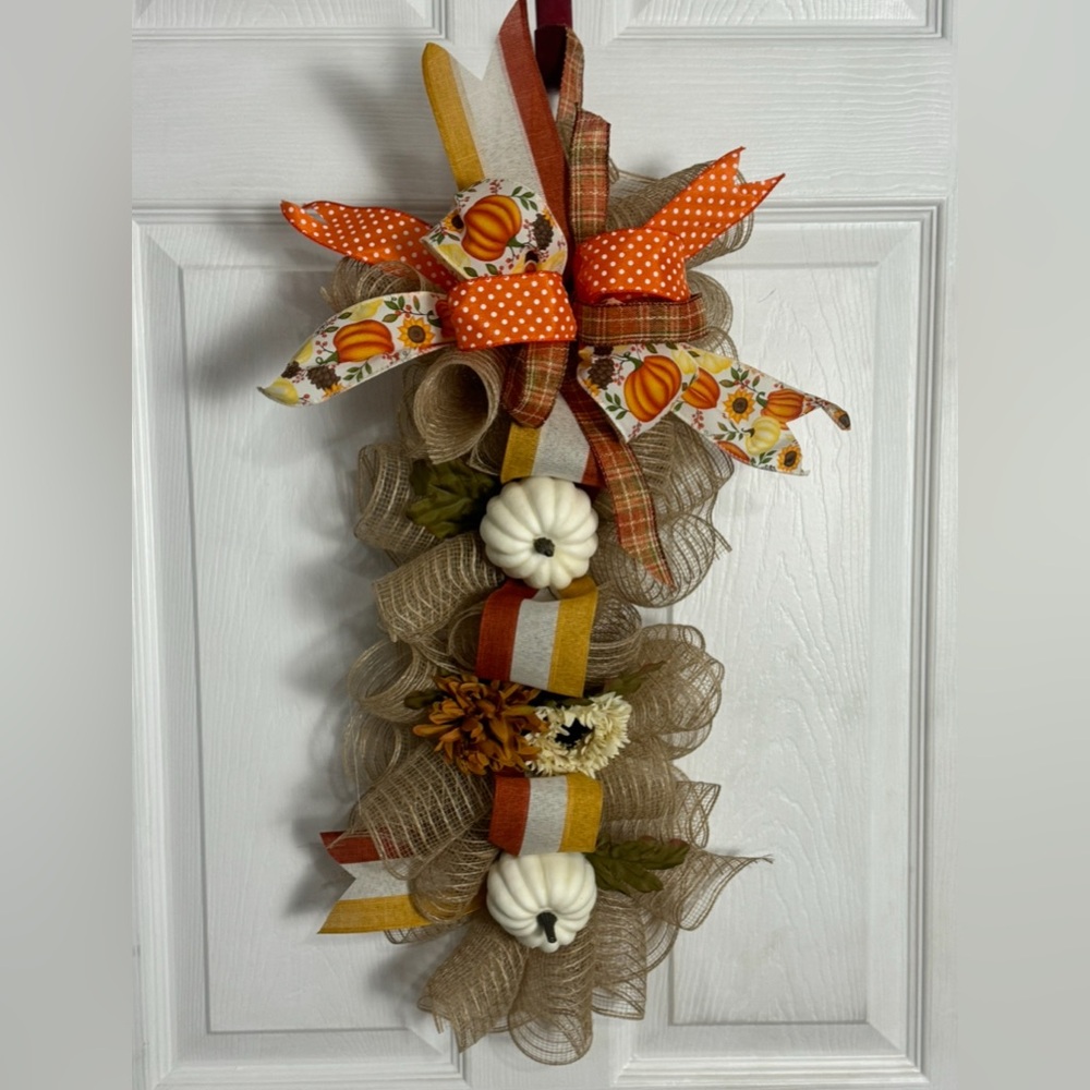 Autumn Harvest Door Wreath with Pumpkins and Bows
